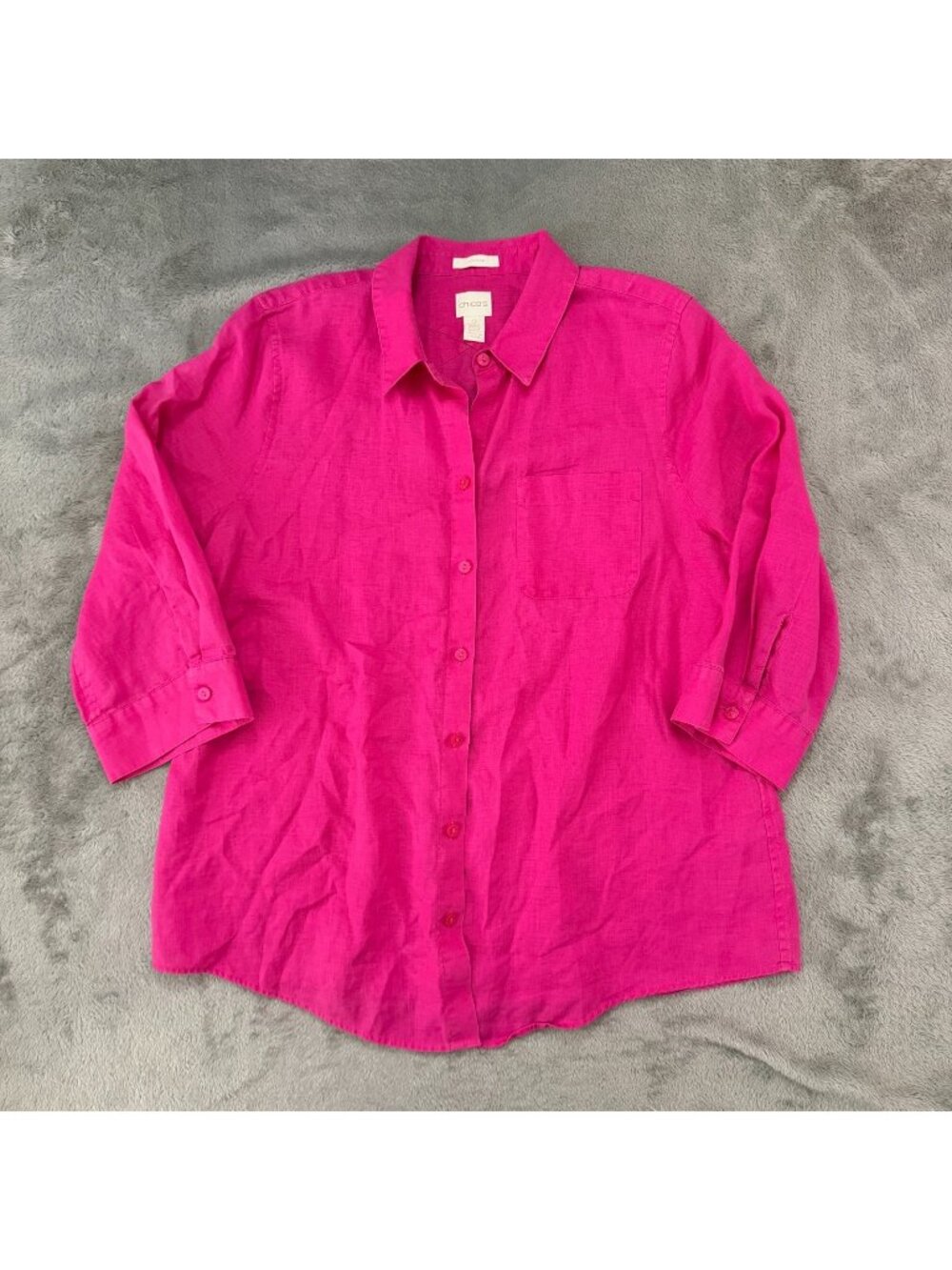 Chico's Hot Pink No Iron Linen Button Up Blouse Shirt 2 US LARGE Top Shirt